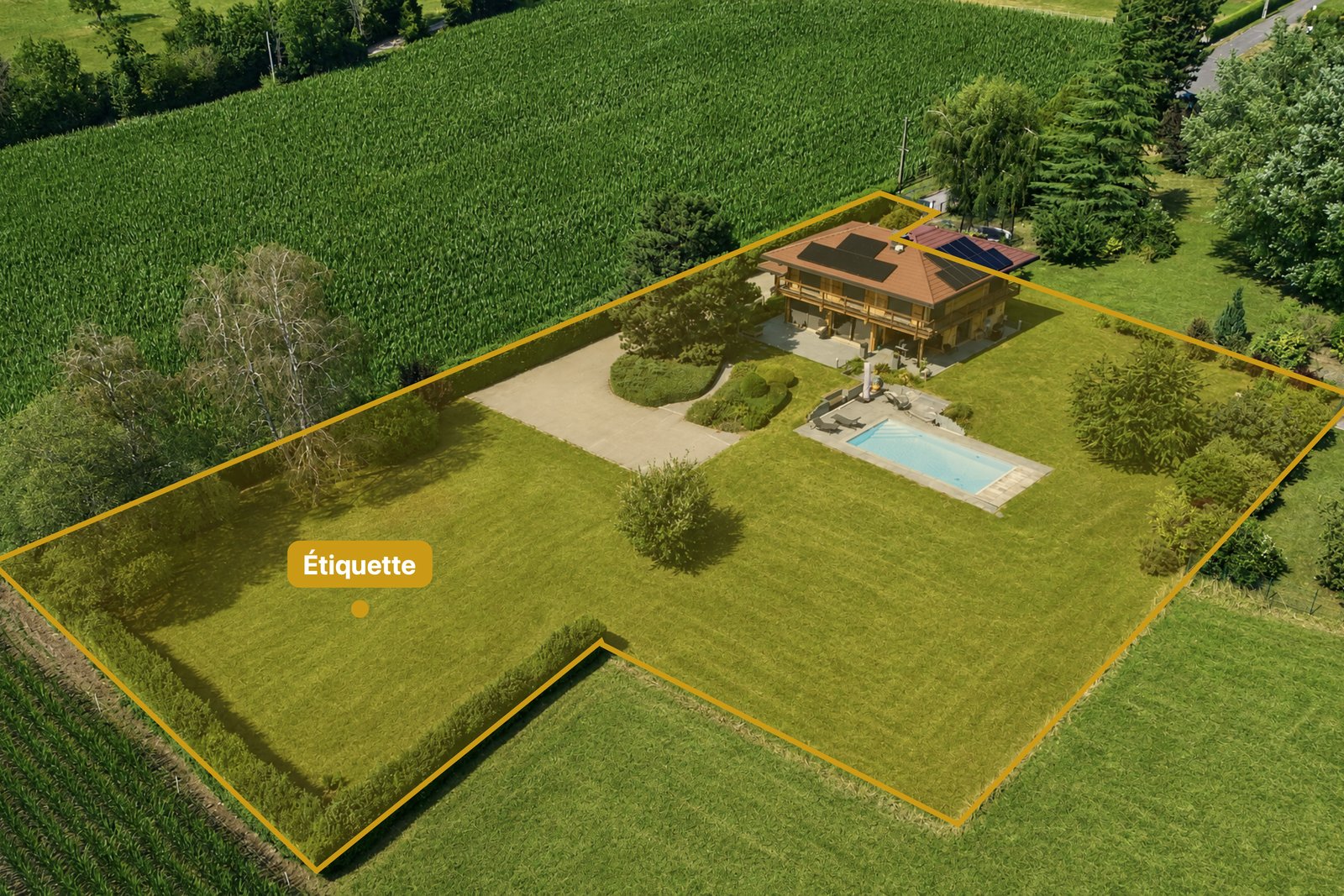 Vue aérienne annotée : parcelle délimitée et étiquette